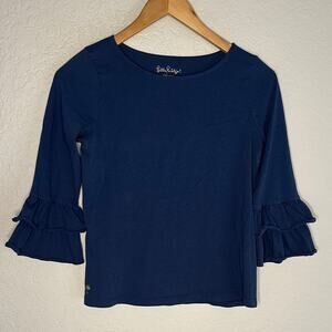 Lilly Pulitzer Ruffle Mazie Top Navy Blue Girls XL 12-14 Cotton Preppy Casual